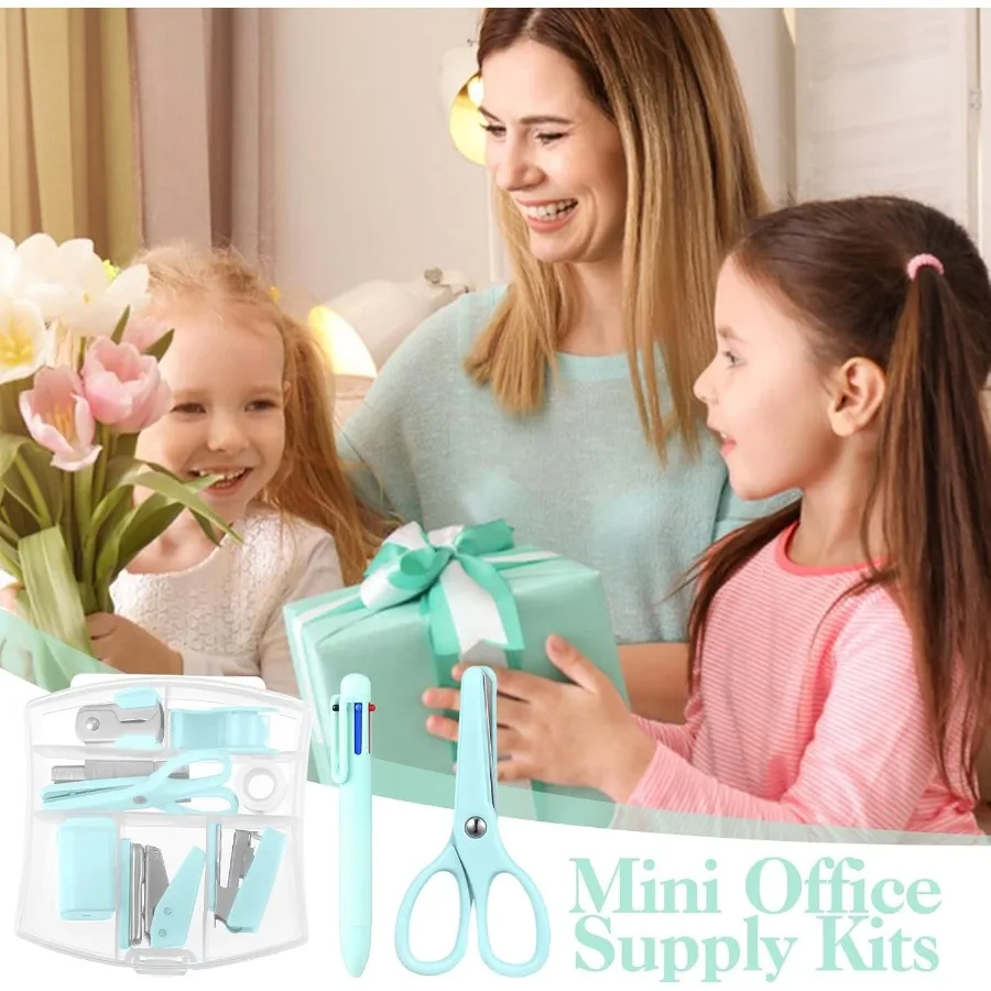 Mini suministros de oficina, suministros escolares verde turquesa con notas adhesivas, Mini grapadora, dispensador de cinta, agujero, removedor de grapas Puh Stap