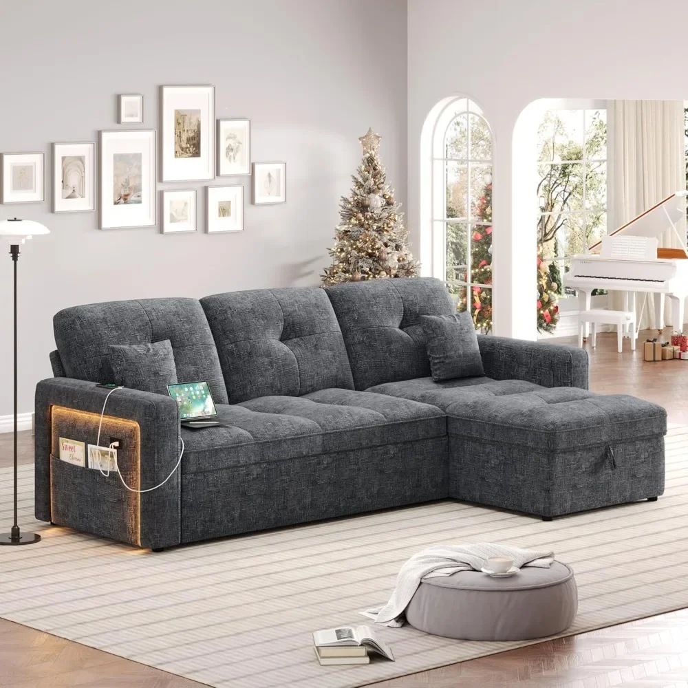 

LED Sectional Sleeper Sofa with Pull Out Couch Bed, Convertible L Shaped Sofa w/Storage Chaise, Adjustable Backrest & USB