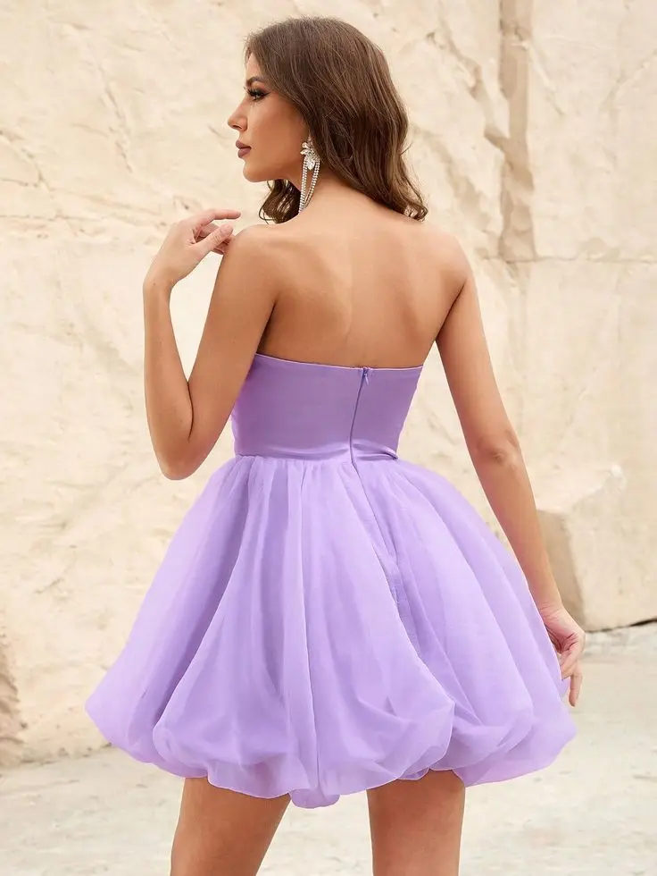 Lilac Graduation Dresses Short Mini Strapless Ball Gown Tulle Simple Elegant Homecoming Gown Elegant Custom made