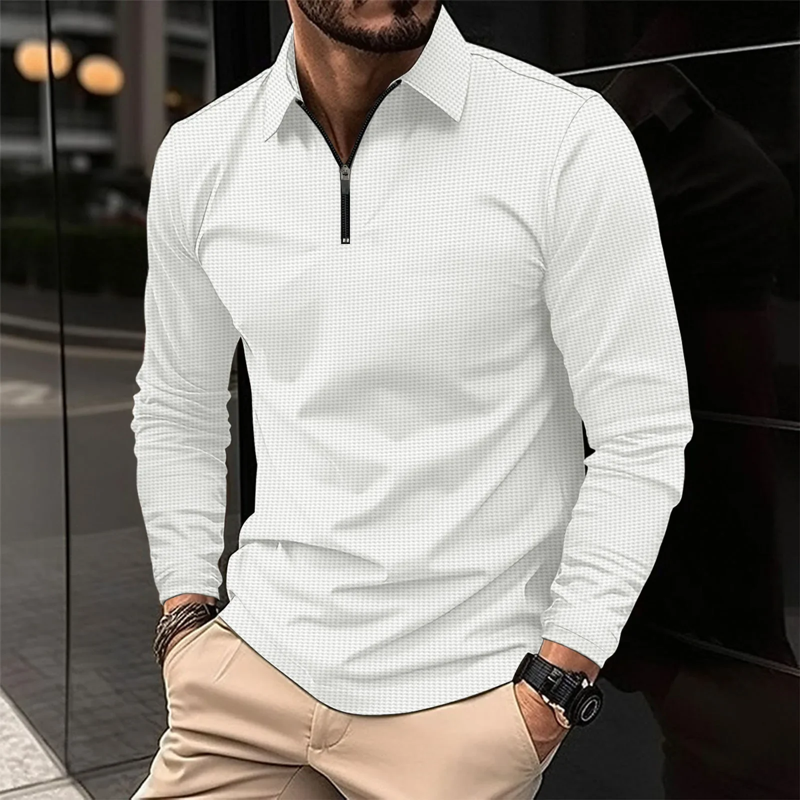Waffle knit zipper Polo shirt | Long-sleeved four-quarter zipper stand-up collar Polo shirt | Fashionable casual golf shirt, sui
