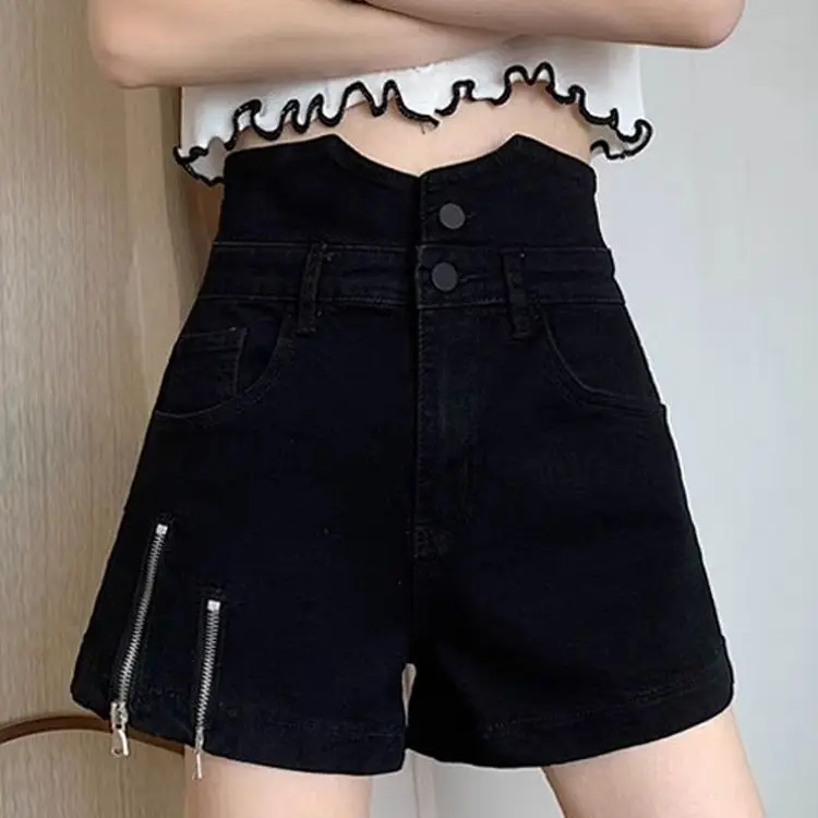 

2025 Черные джинсовые шорты с высокой талией, женские летние тонкие широкие брюки трапециевидной формы, повседневные шорты, уличная одежда, корейский стиль Wh3