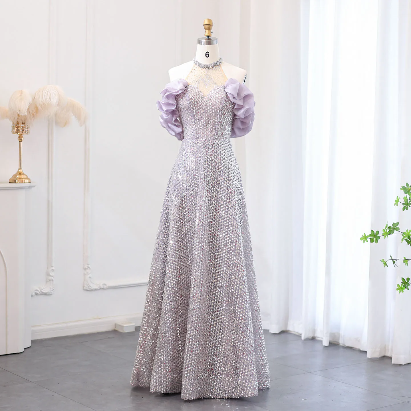 

Jancember Sparkly Sequin Off Shoulder Purple Evening Dresses 2024 Elegant Crystal Formal Dress for Women Wedding Party SZ507