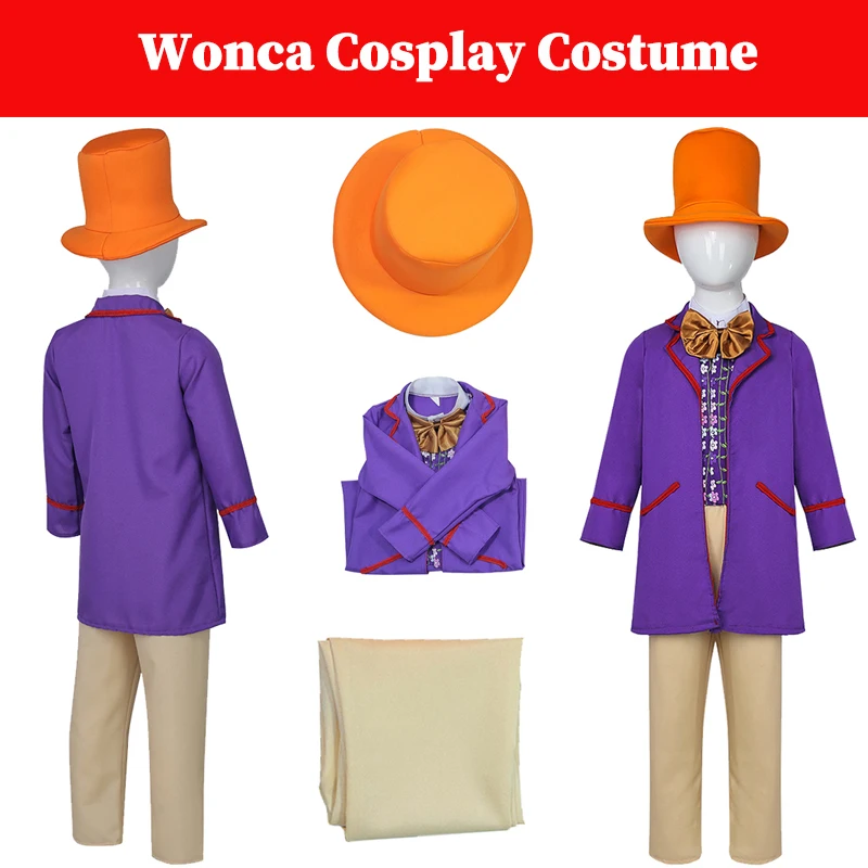 Wonca Cosplay Kinder Jungen Kostüm Film Wonca Outfits Kinder Hut lila Mantel Fliege Rollenspiel Outfits Kind Halloween Party Anzug