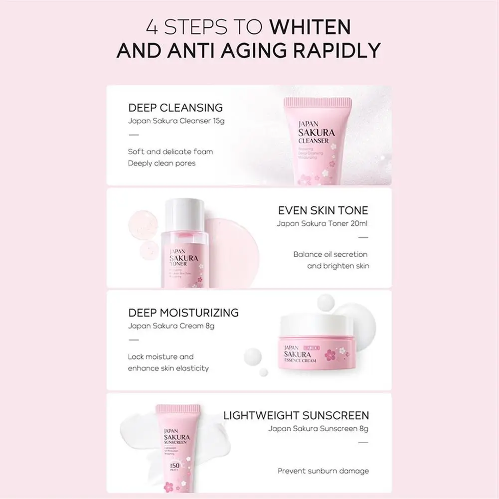 4pcs/Bag Sakura Skin Care Sets Facial Cleanser Face Face Toner Sunscreen Products Care Moisturizing Smoothing Nourishing