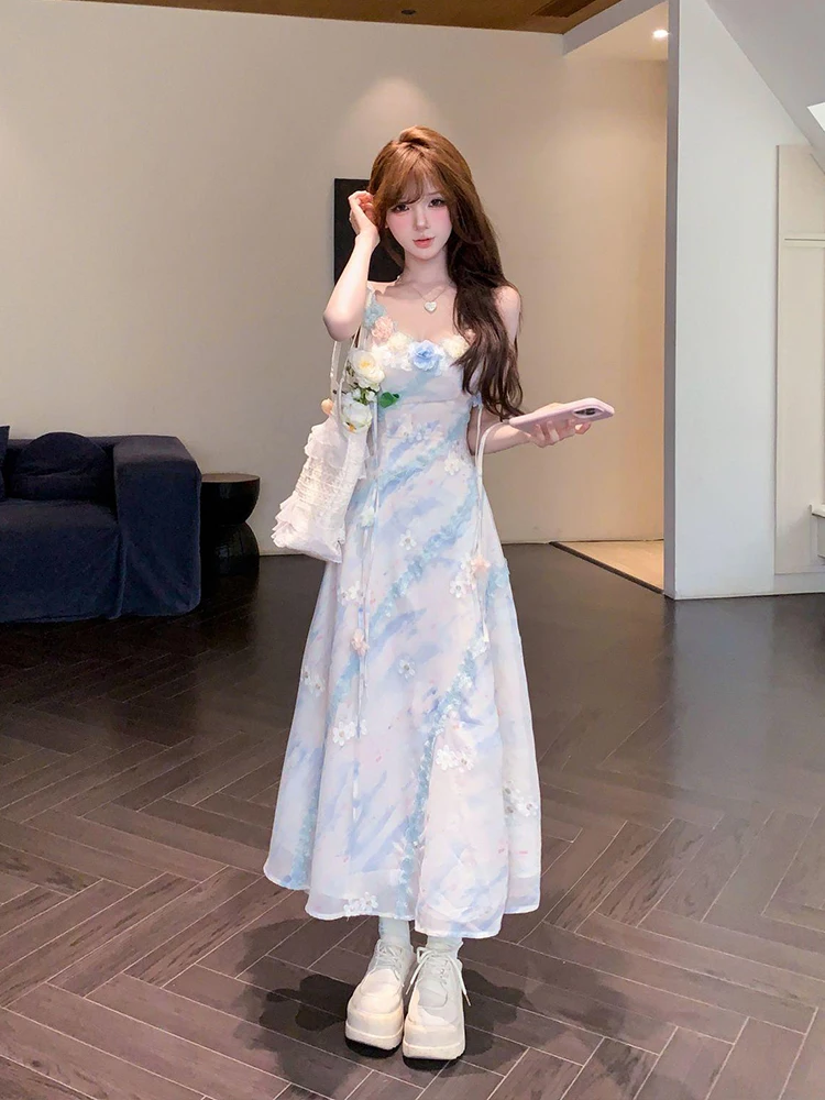 

Syj Shuyijia Sweet Floral Print Halter Dress Women's Gentle A-Line Long Dress Korean Style Commute High Waist Summer Dress