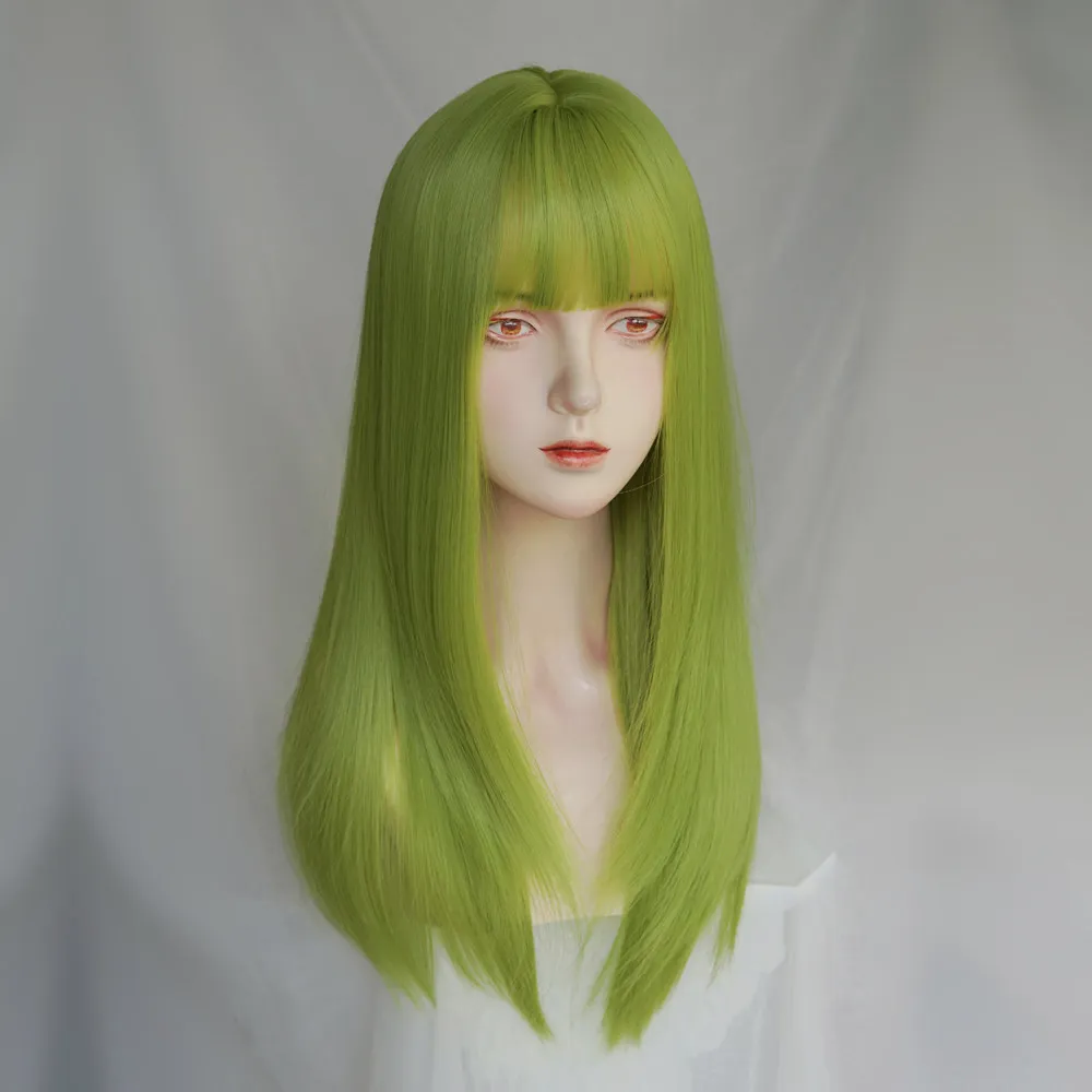 

Lizard green wig female long hair full head cover long straight hair fluorescent green sub than long straight hair color jk