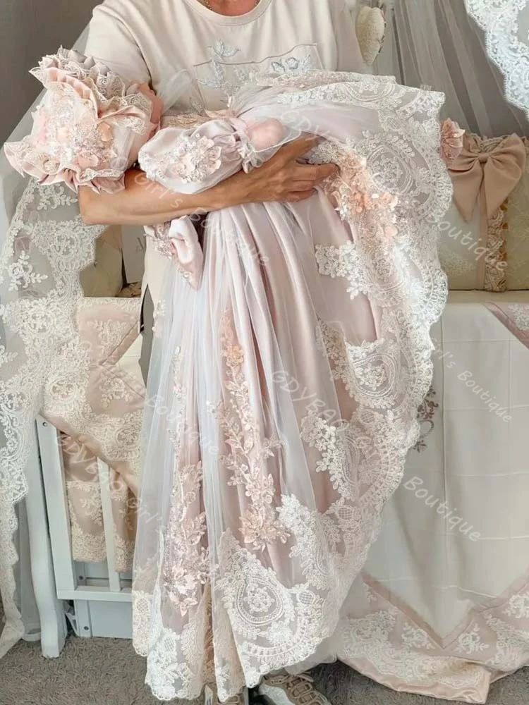 Infants Christening Dress With Bow Sequined Appliqued Tulle Baptism Dress Customized Baby Girls Party Ball Gown for Flower Girls