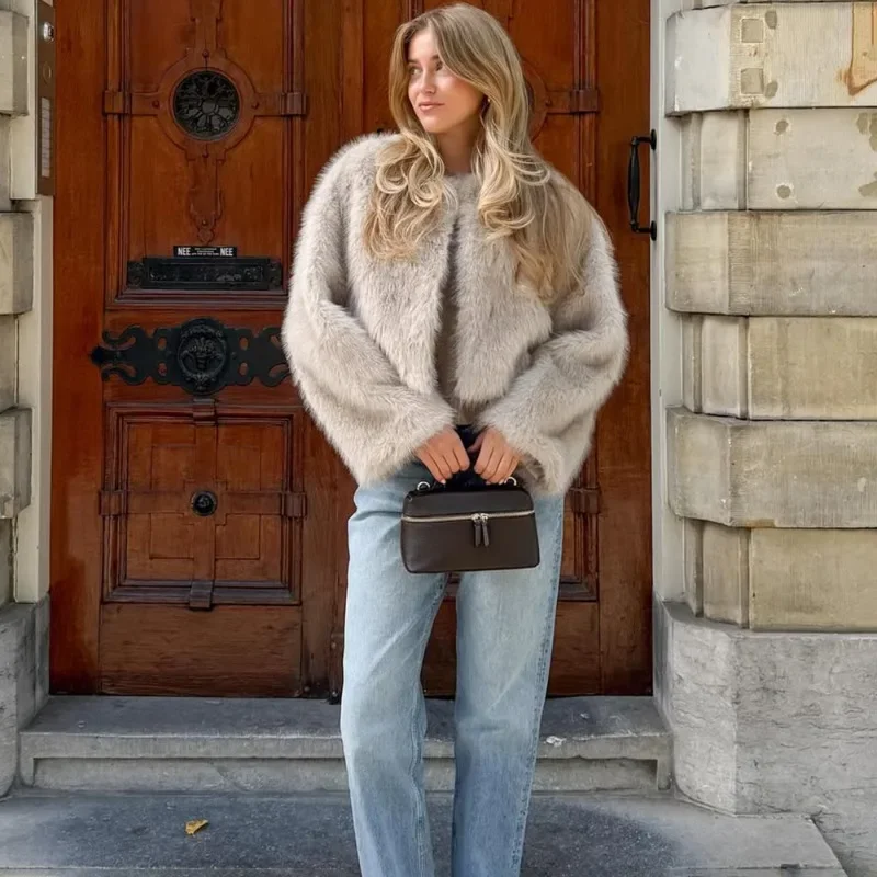 Eleganckie, luźne płaszcze ze sztucznego futra Ticketsx, damska zimowa moda, nowa puszysta krótka kurtka, jednolite, vintage, codzienne, grube płaszcze w stylu high street.