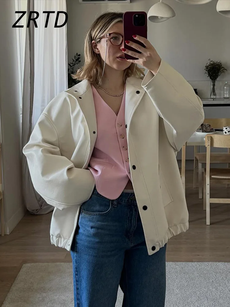 Veste en cuir blanc pour femme, col montant décontracté, simple boutonnage, manches longues, manteau femme élégant, vêtements d'extérieur de rue pour femme, automne, 2024