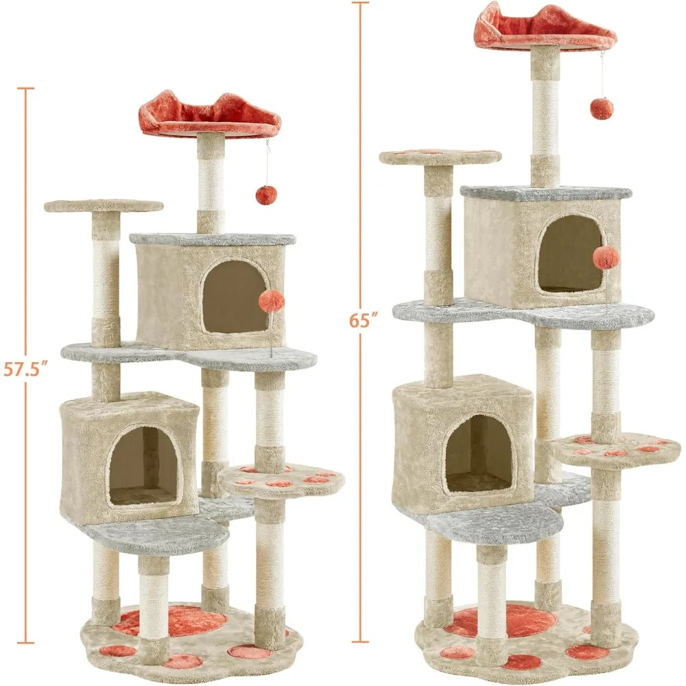 Yaheetech 65in Cute Cat Tree, Cat Paw-Shaped Play Tower with Heart-Shaped Platform, Spring Ball & Hanging Ball, Double Condos, S