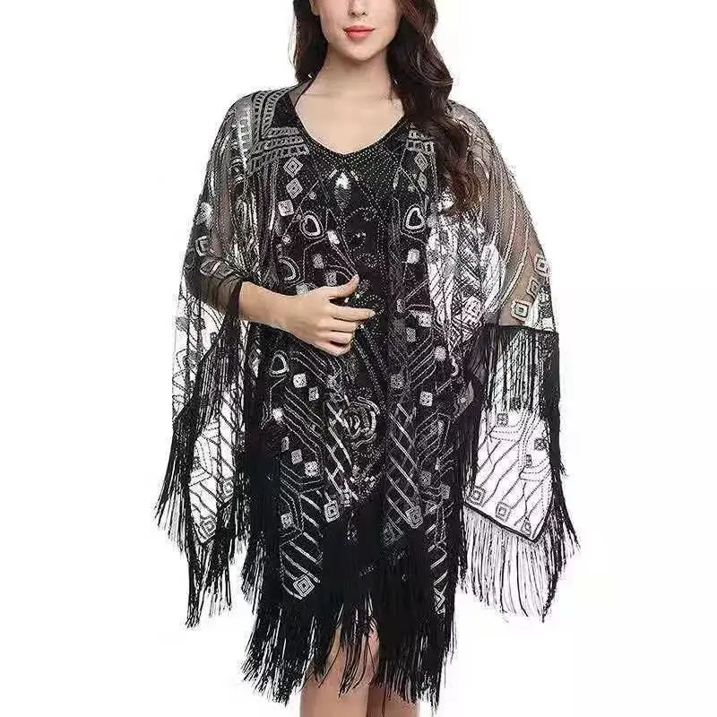 2026 Women's new heavy-duty sequin fringe long shawl, fashionable high-end lightweight outerwear