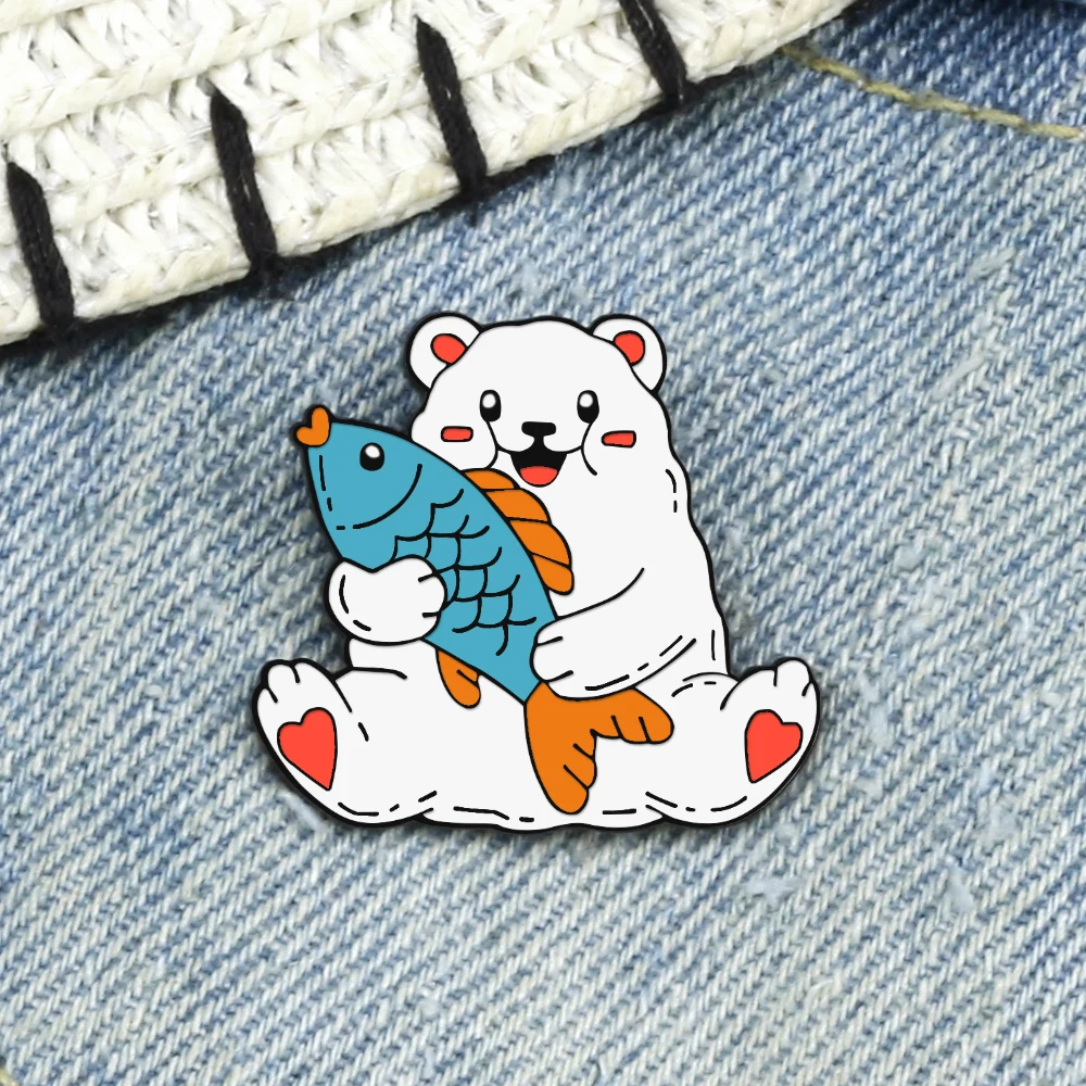 Happy Polar Bear Hugging Fish Cartoon Brooches Pins Cute Big White Bears Sitting Enamel Badges Denim Lapel Pin Kids Jewelry Gift