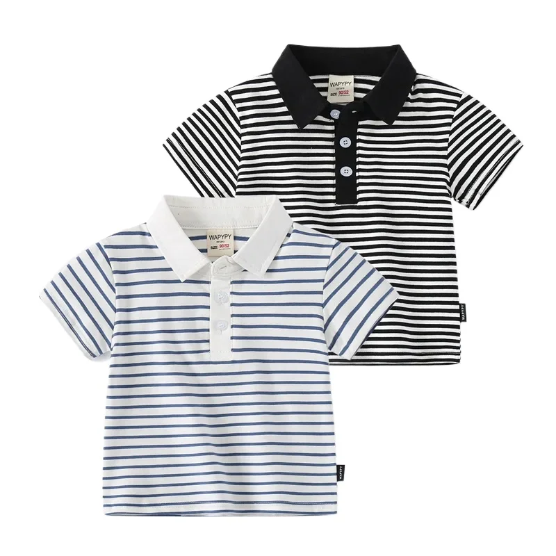 Boys' Striped Short Sleeve T-Shirt Summer New Kids Polo Shirt Breathable Cotton Top Available for 3-8 Years Old, 2 Colors