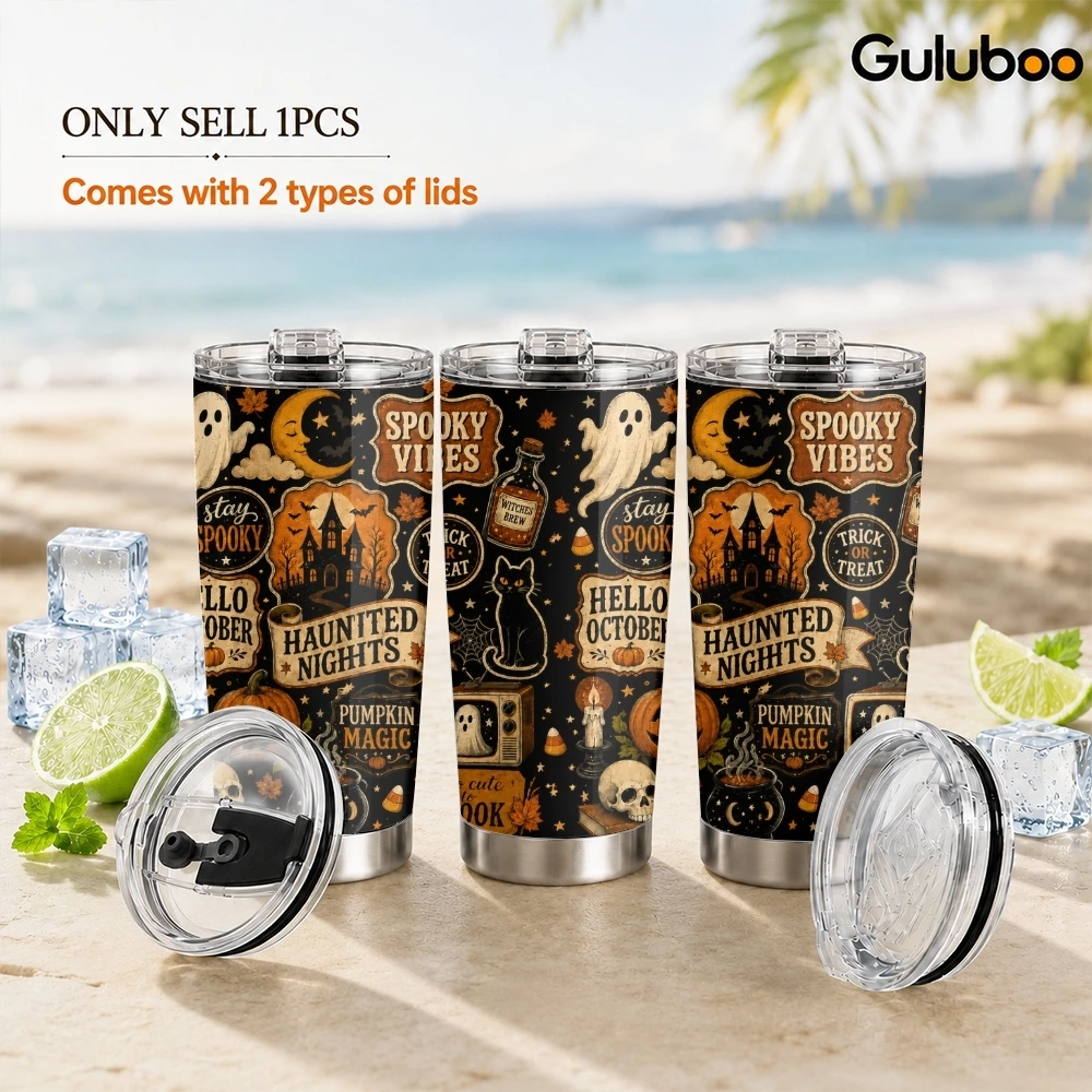Halloween Label Collage Vacuum Flasks 20oz Stainless Steel Insulated Tumbler Double Wall Travel Mug with 2 Lids Straw Drink Cup