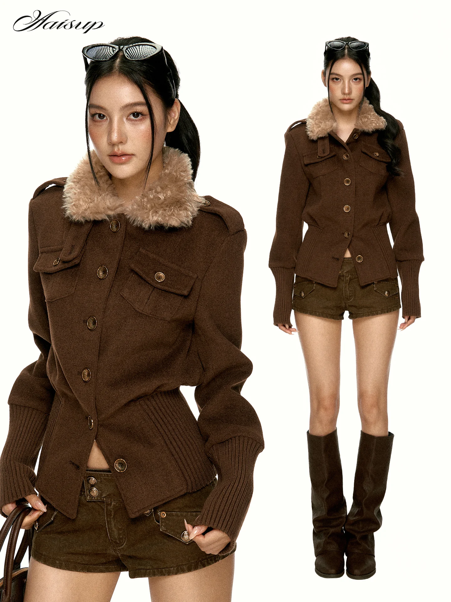 Aaisup Brown Vintage Money Wind Coat Women's Autumn High-End Waist-Cinching Slimming Faux Fur Lapel  Casual Style