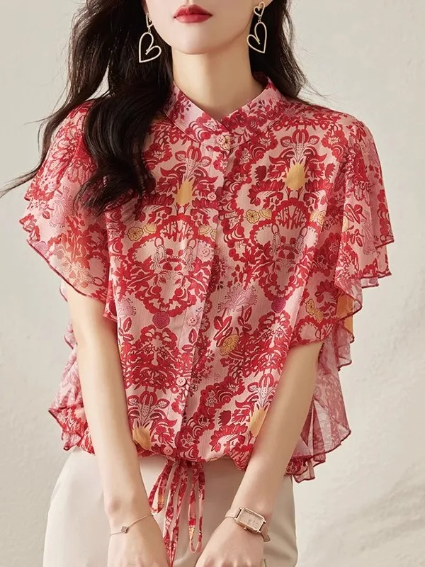 

Elegant Summer New Style Women's Loose Chiffon Shirt Stand Collar Lace Sleeve Floral Print Belted Fashionable Top