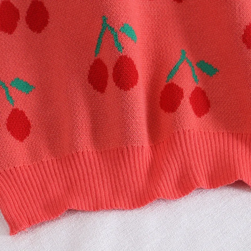 Suéter de punto de cereza para mujer, Tops holgados con estampado de estilo Preppy, jersey de cuello redondo elegante, prendas de punto de moda, Otoño e Invierno