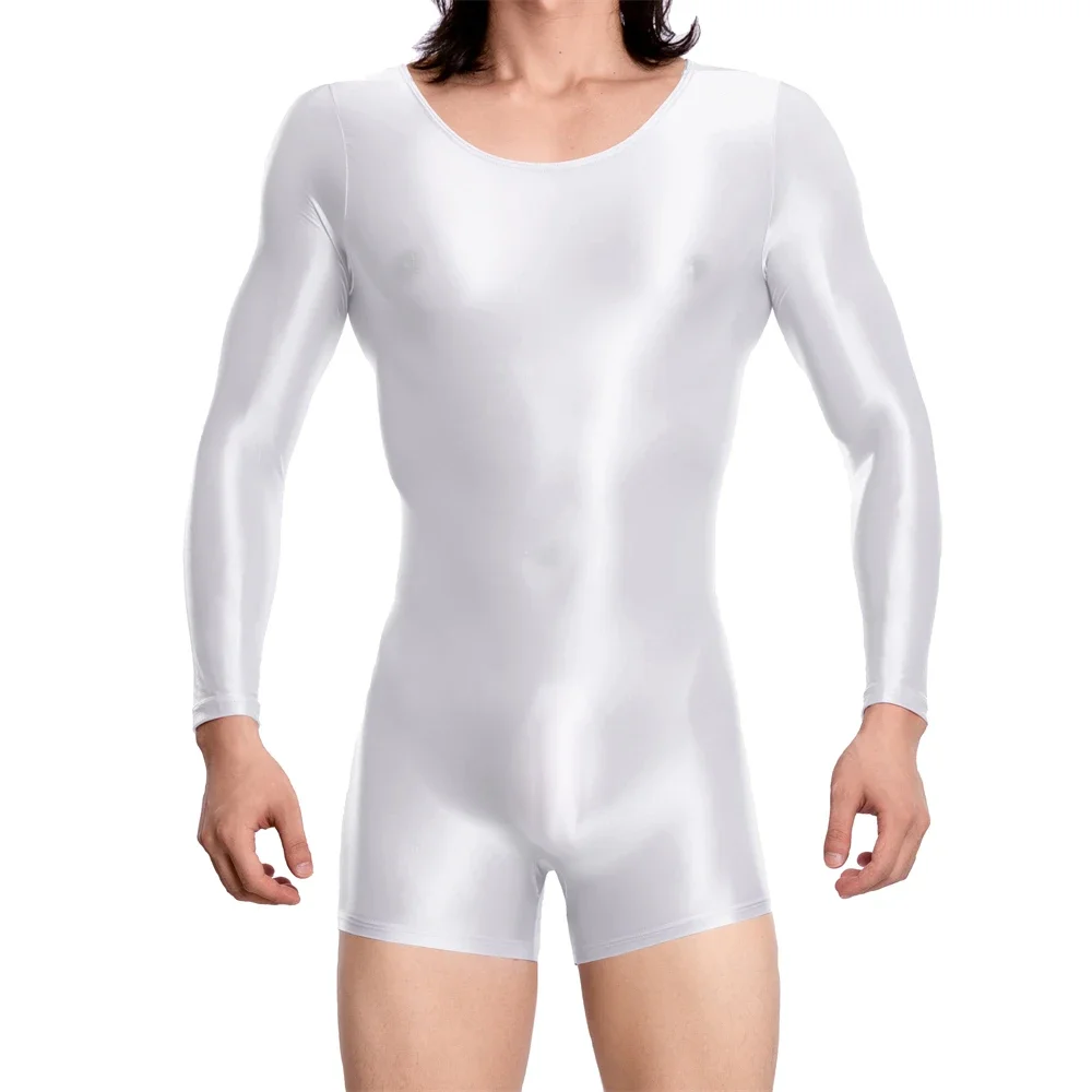 

Mens Bodysuit Shiny Oil Glossy Long Sleeve Jumpsuit High Stretchy Sport Fitness Yoga Smooth Swimwear Male One-Piece Undershirts