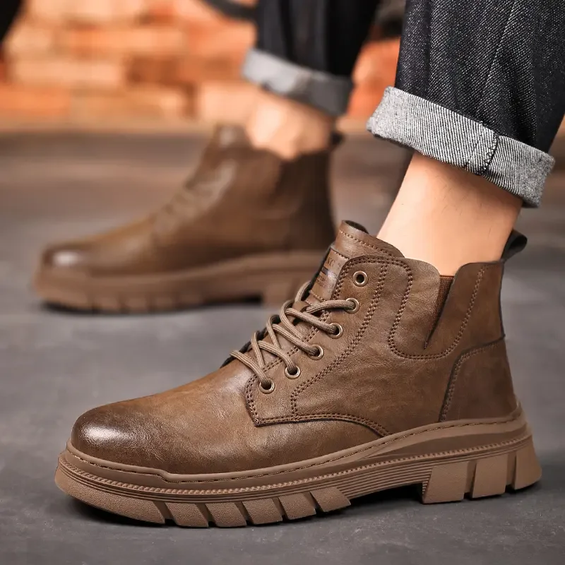 2024 New Autumn Winter Men's Leather High Top Casual Boots Soft Sole Non Slip Waterproof Lace up Work Boots Ankle Boots