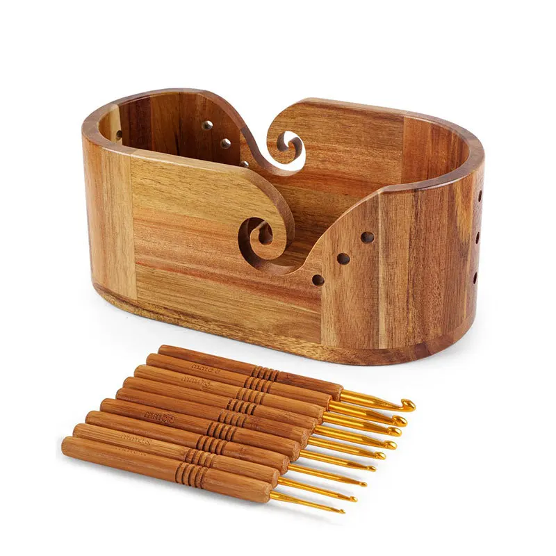 Wooden Wool Bowl Solid Wood Wool Knitting Bowl Oval Acacia Wood Knitting Tool Sewing Box