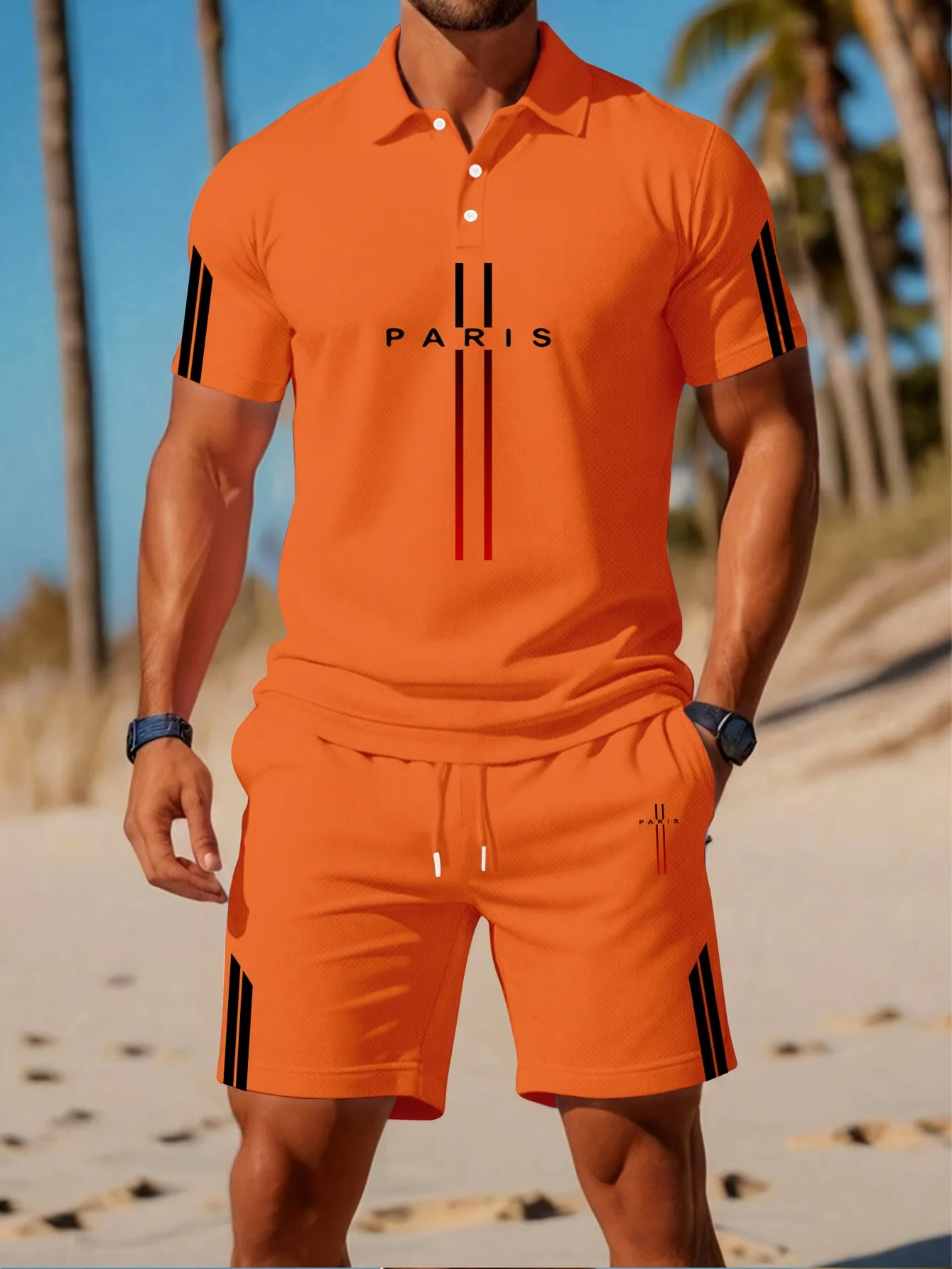 man 2 piece set Summer Paris suit men button polo shirt set Leisure men's suit fashion men clothing ventilate man matching sets - Image 2