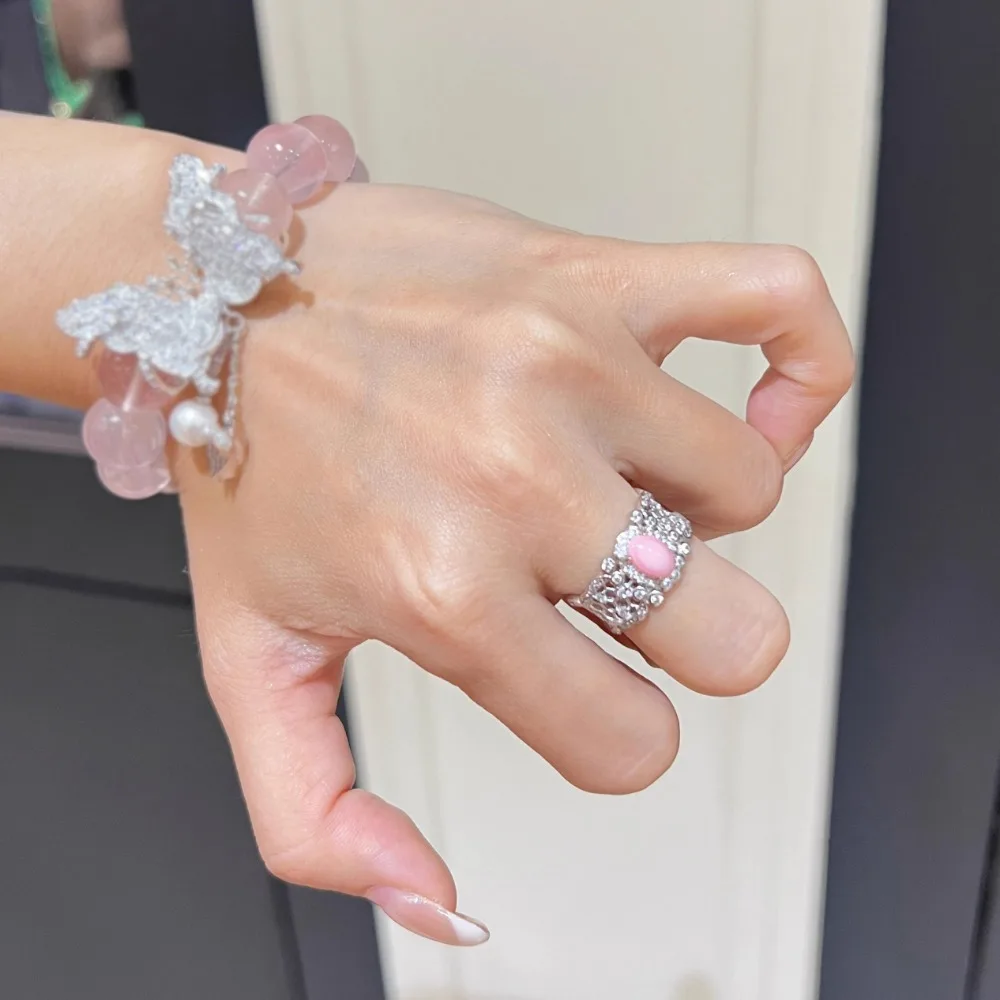 Light luxury exquisite silver 925 surround zircon hollow lace rings for women design delicate pink oval ring wedding jewelry