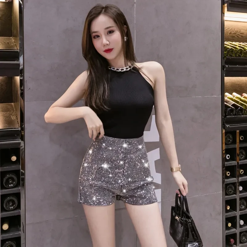 Black High Waist Elastic Shorts Women Streetwear Summer New Full Diamonds Shiny Casual Fashion Slim Female Bag Hip Hot Pants