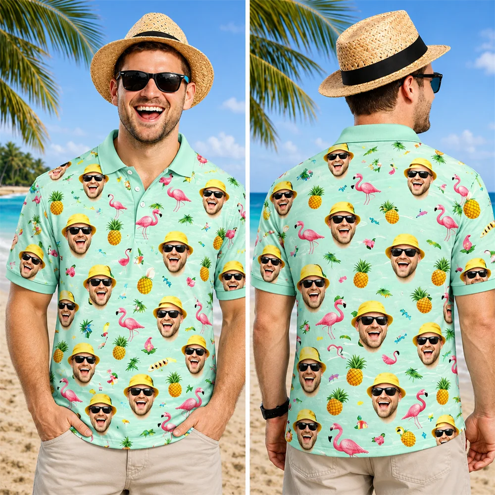 Custom Face Hawaiian Polo Men 3D Pineapple Flamingo Tee Personalized Photo Beach Tops Vacation Tropical Party Casual Funny Gift