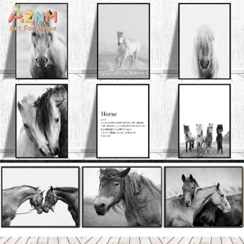 AZNM Black White Wild Horse Portrait Canvas Wall Art, Monochrome Horse Photography Print, Rustic Farm Animal Poster, Frameless C