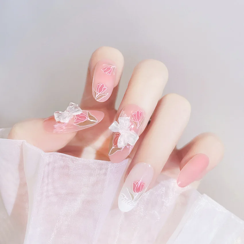 24P/Box  Teenage Girl Fresh Flower Bow Artificial Square Head Press on Acrylic Nails Fashion Pink Gradient Wearing Reusable Nail