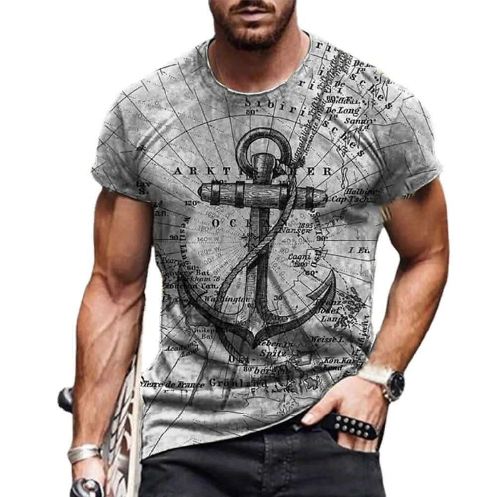 Camiseta con estampado 3D de ancla para hombre, camiseta de verano de secado rápido transpirable con cuello redondo, manga corta, estilo europeo y