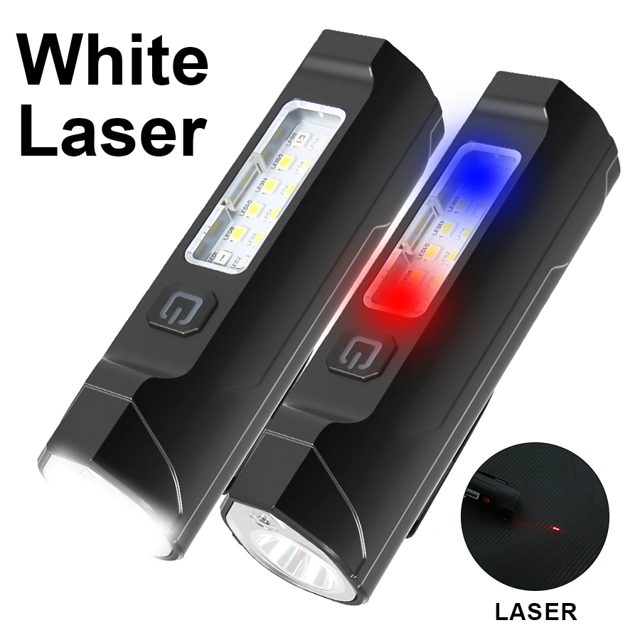 Torcia LED super luminosa Torcia ricaricabile USB Rosso Blu Flash Proiettore COB a doppia sorgente per luce di emergenza da campeggio all'aperto