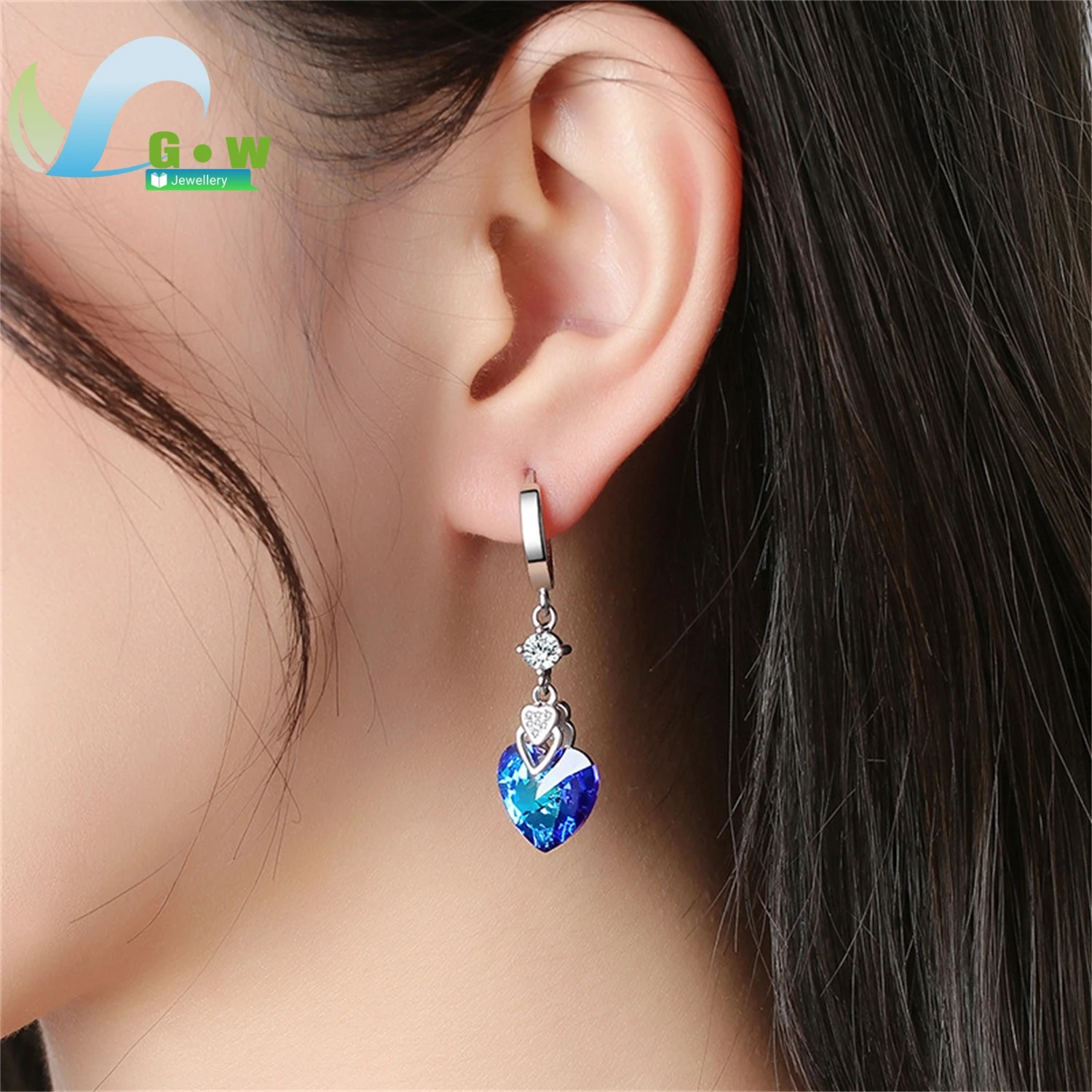 

Heart Shape Crystal Stud Earrings Blue Cubic Zirconia Elegant Korean Style Lightweight Fashion Jewelry Gift For Women Party Wedd