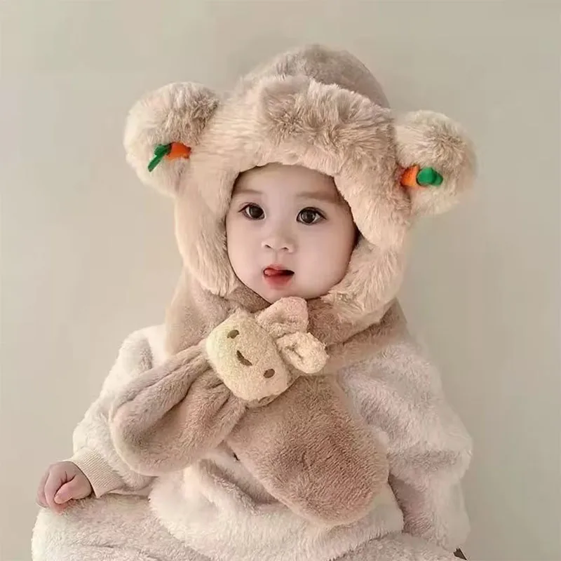 Babymütze Herbst und Winter Schals für Jungen und Mädchen in einem Teddybär-Plüschmütze Winter Kinder Plüsch verdickte winddichte Mütze – Detail 6
