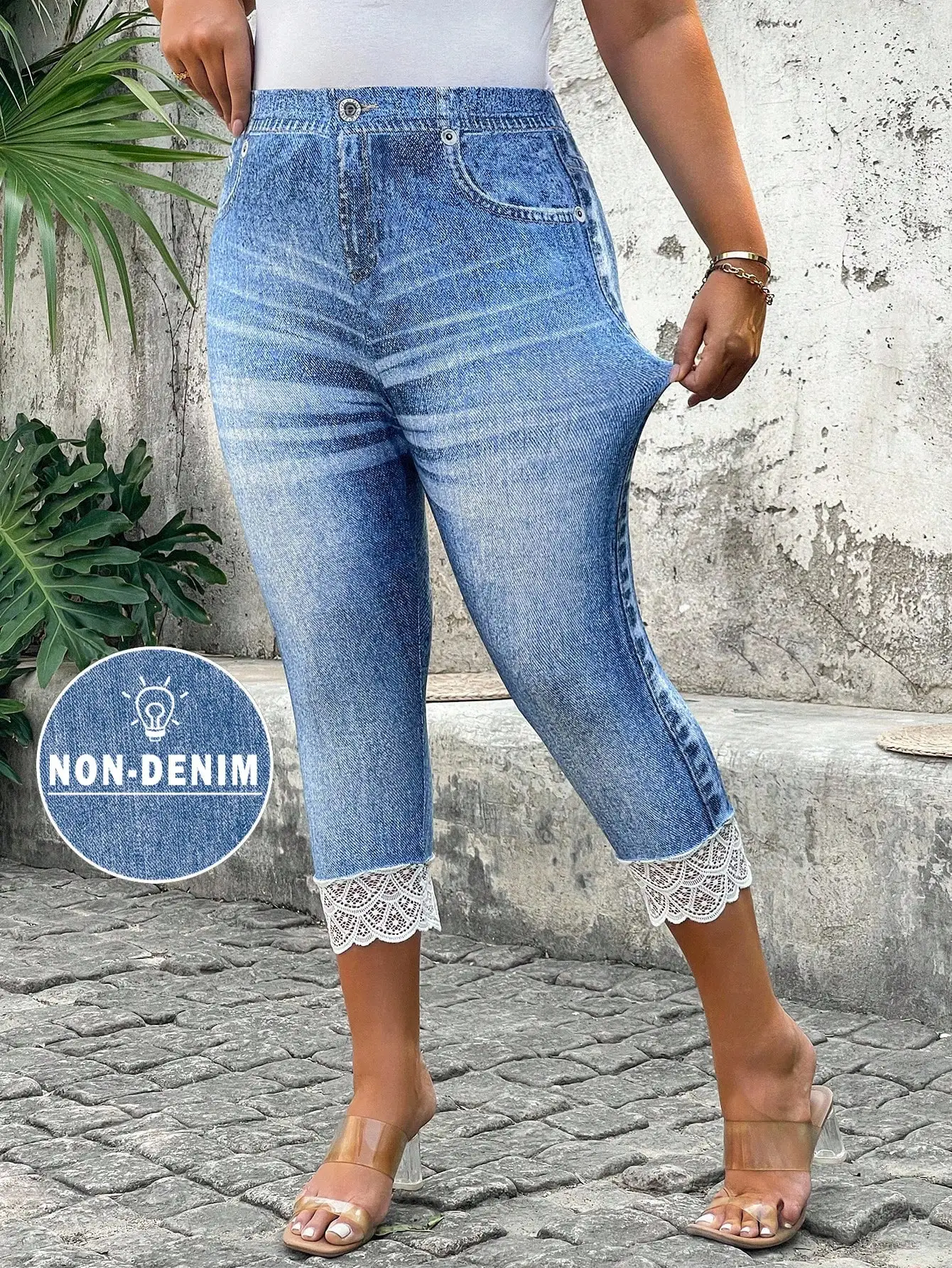 

Plus Size Women's Lace Trim Denim Print Leggings, High Waist Stretchy Capri Pants