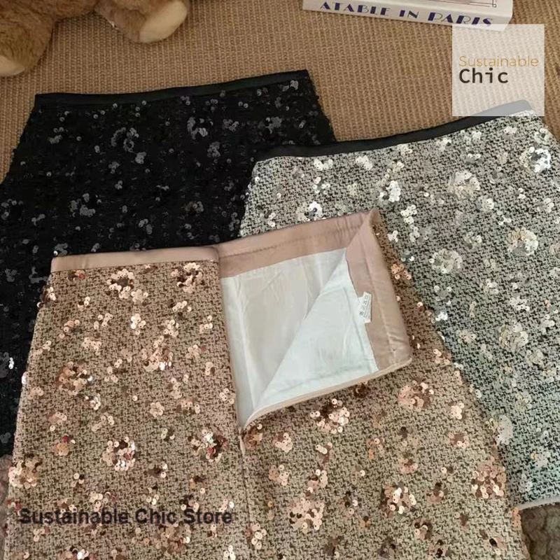 Jupe taille haute à paillettes scintillantes françaises, couleur assortie, nouvelle mode automne et hiver pour femmes, jupe Joker aux hanches.