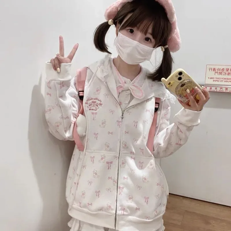 Japanese Cute Pink Floral Lace Hooded Sweatshirt 2025 Spring Autumn New Coat Women Y2k Loose Long Sleeve Zipper Tops Mujer