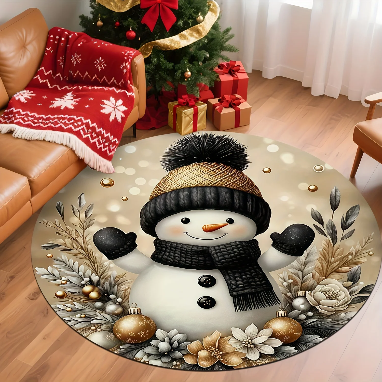 Golden Sparkle Christmas Tree Round Rug For Luxury Holiday Party Shiny Starry Night Design Non Slip Floor Mat