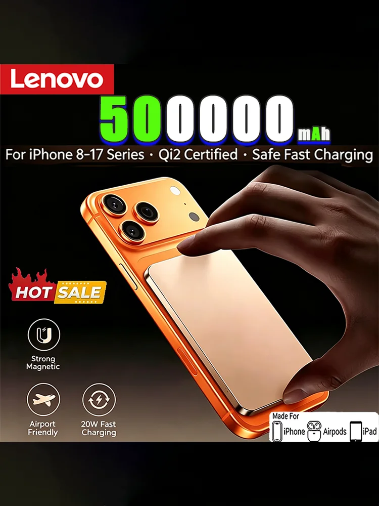 Lenovo 500000mAh tragbare Powerbank für MagSafe, magnetisch, ultraflach, 3C-zertifiziert, 22W schnelles Ladegerät, kabellose Batterie, MacSafe-Backup-Batterie
