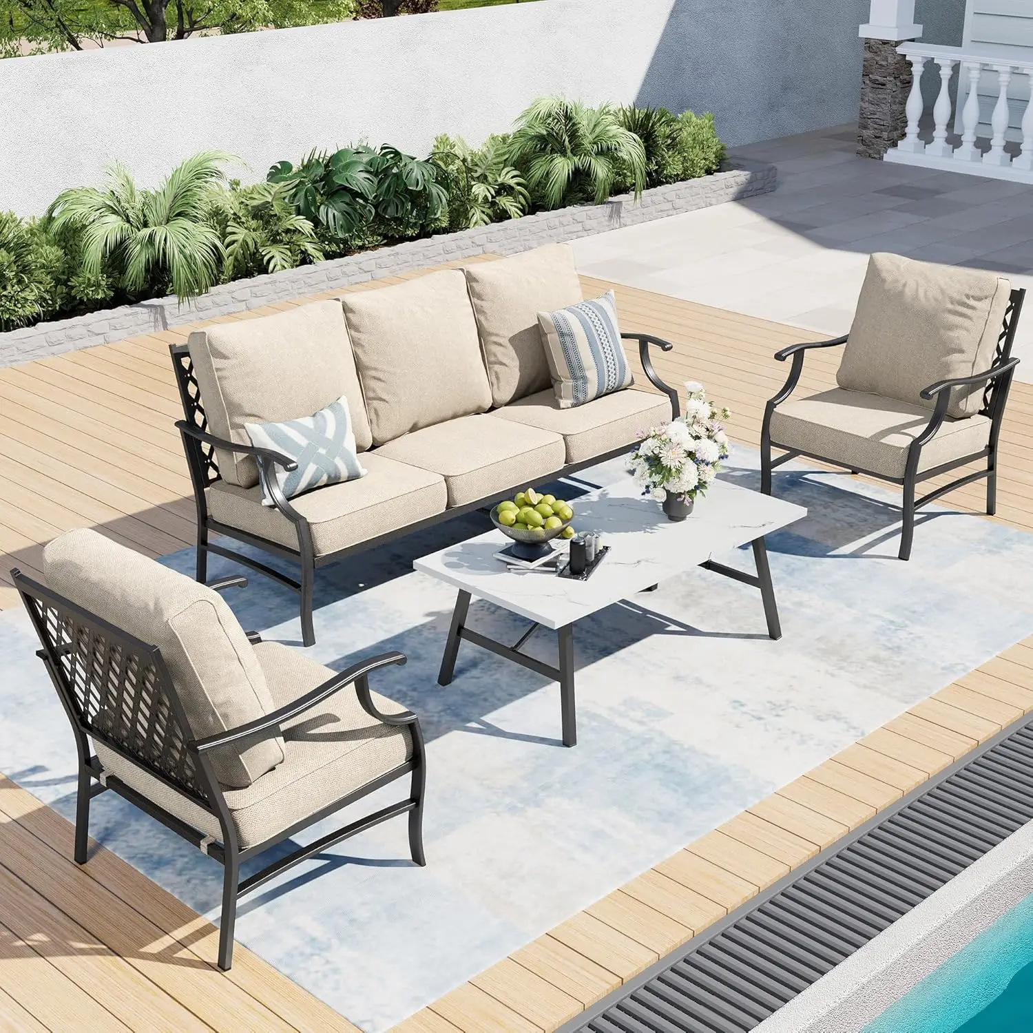 o*-Patio Furniture Set, 4 Piece Modern Metal Outdoor Patio Furniture, 3 Seater Couch, 2 Fixed Chairs, Coffee Table and,