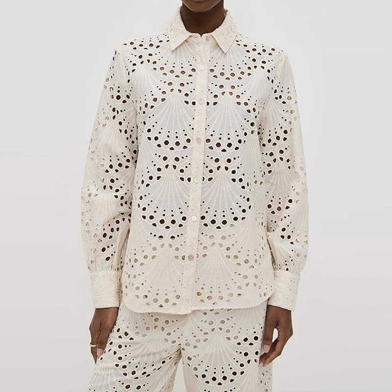 Temperament Casual Loose Vacation Outfits Elegant Solid Women's Commute Sets Autumn New Hollow Out Long Sleeve Shirts&Pants Sets