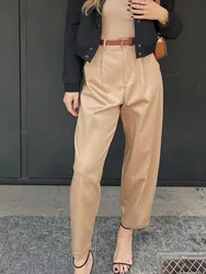 HH Fashion Female Trousers Mujer Women Solid Pant With Belt Pleated Solid Vintage High Waist Side Pockets Zipper Fly Pants