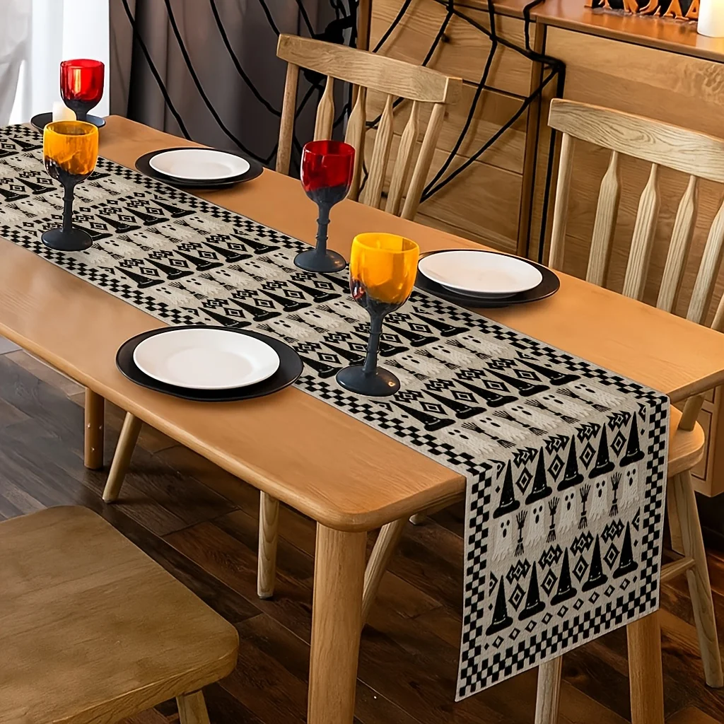 Halloween Ghost Witch Hat Geometric Table Runner 1pc, Perfect for Family Dinners & Holiday Celebrations Table Runner