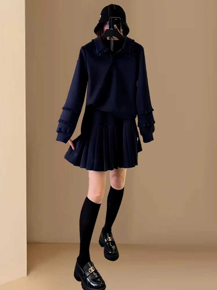 Autumn Faion Set Women's 2025 New Sle Slim Fit Long Sve Sweatirt Pleated Skirt Two Piece Set College Sle Design