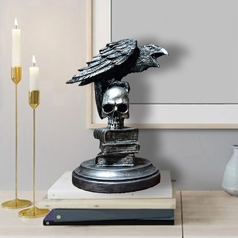 Raven On Skull Halloween Home Decor Gothic Crow On Skull Statue Bird Perching On Skeleton Figurine Resin Statue Home Craft Decor