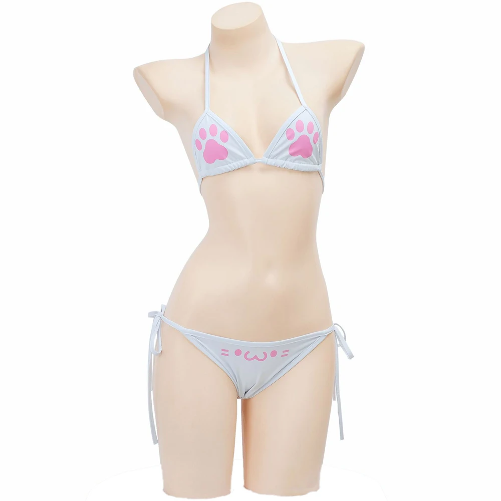 

Women Kawaii Anime Cat Paw 3 Piece Bikini Swimsuit Cute Claw Bra Panties Cosplay Beach Costume Set