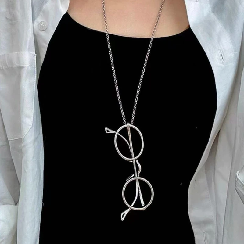 

Fashion Europe Glasses Frame Gold Silver Pendant Necklace Sweater Chain Woman Luxury Jewelry Accessories