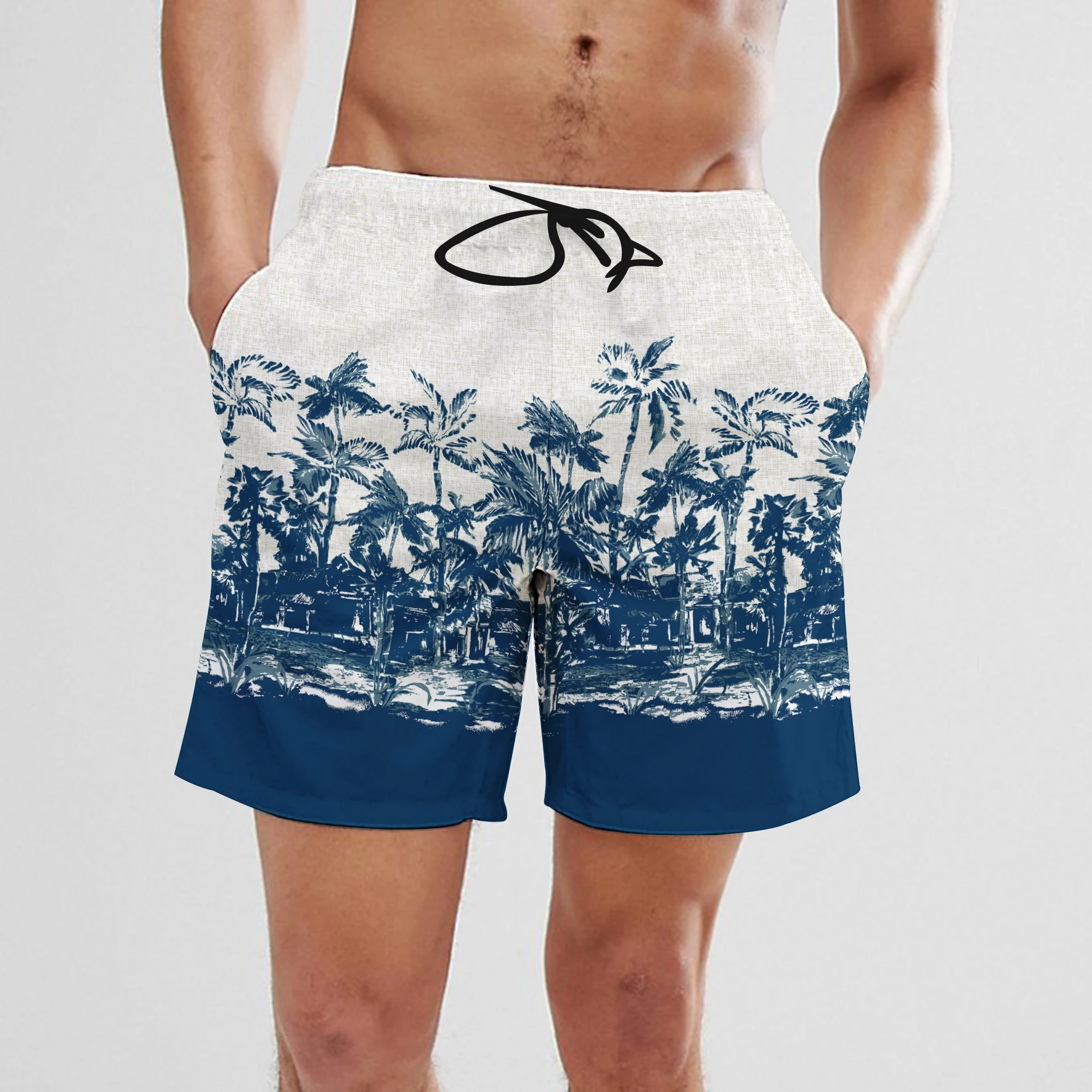 SummerFashion Cartoon Coconut Tree Car Digital Printing Men\'s Drawstring Shorts Quick Drying Hawaiian Beach Fitness Casual Short