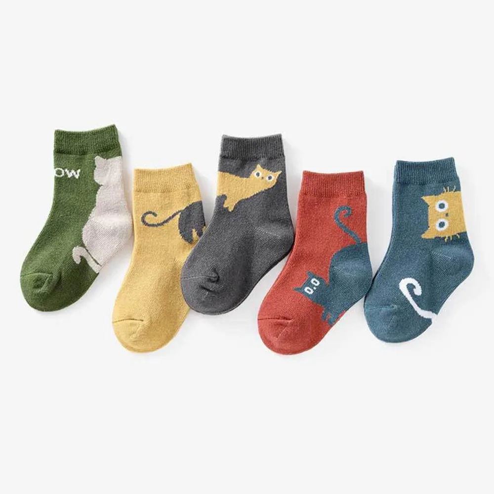 

5 Pairs Cotton Crew Socks Comfortable Breathable Toddler Mid-Calf Socks Cat Design Spring Autumn 's Socks for Boys and Girls