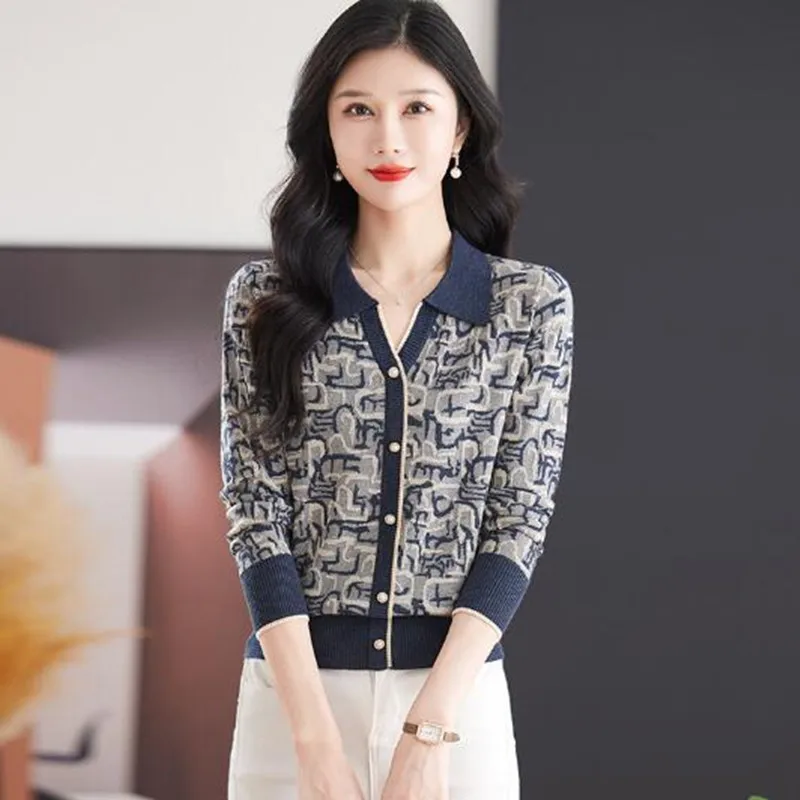 2024 knit cardigan Print series short V-neck single-breasted printed pattern fashion cardigan long-sleeved sweater cardigan